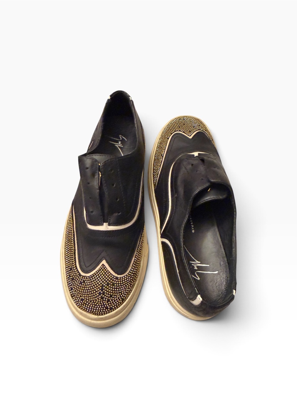 Giuseppe Zanotti Black Leather Slip-Ons with Gold Stud Toe,pre-owned, SZ5.5 - Picture 2 of 12
